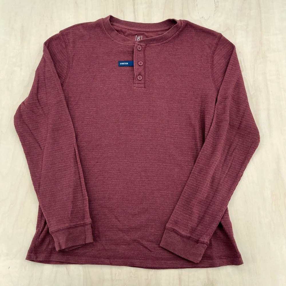 George Henley Shirt Mens Medium Burgundy Waffle Knit Stretch Thermal Casual Basc